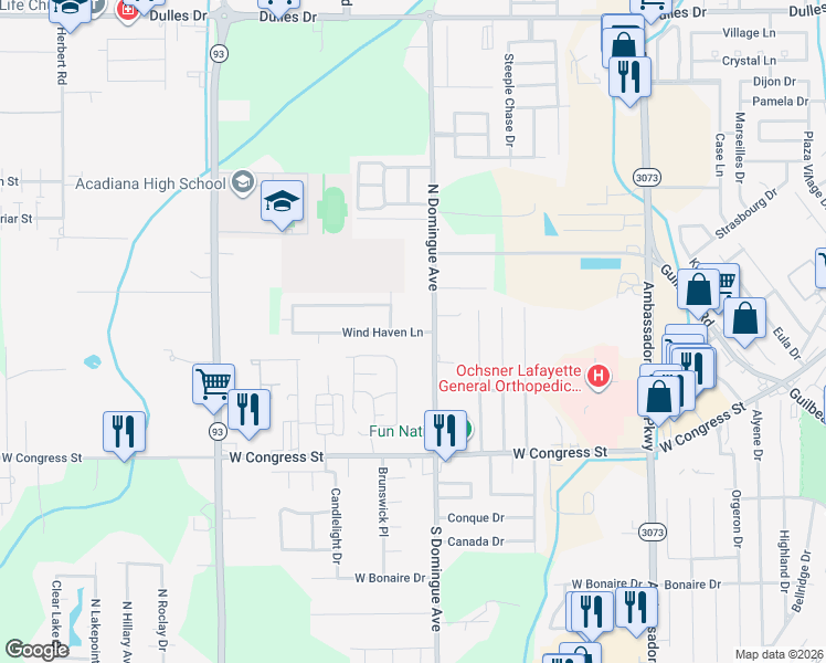 map of restaurants, bars, coffee shops, grocery stores, and more near 113 Wind Haven Lane in Lafayette