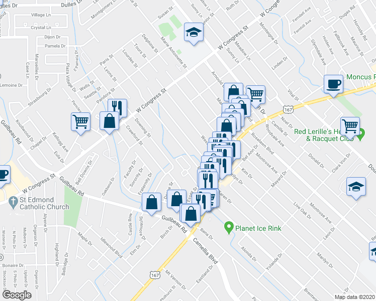 map of restaurants, bars, coffee shops, grocery stores, and more near 138 Mimosa Place in Lafayette