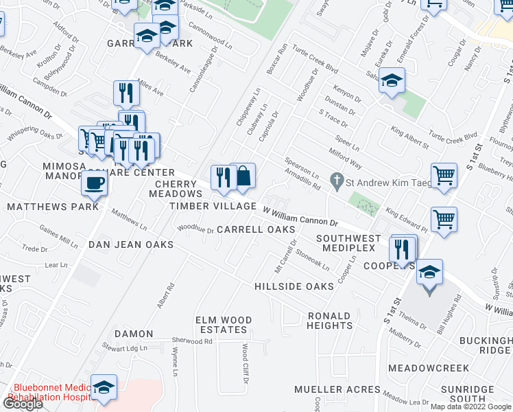 map of restaurants, bars, coffee shops, grocery stores, and more near W William Cannon Dr & Windrift Way in Austin