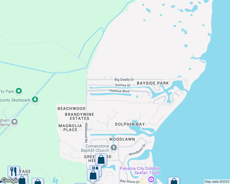 map of restaurants, bars, coffee shops, grocery stores, and more near 6653 Harbour Boulevard in Panama City Beach