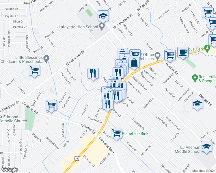 map of restaurants, bars, coffee shops, grocery stores, and more near 103 Westchester Drive in Lafayette