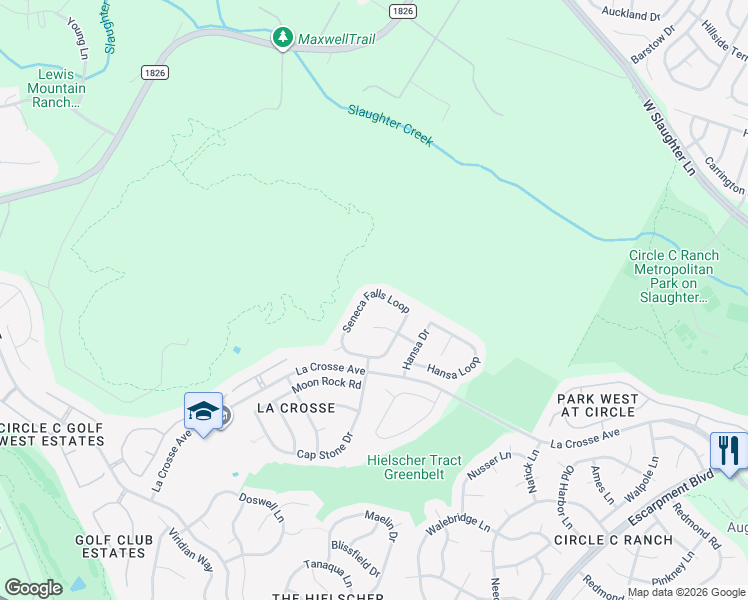 map of restaurants, bars, coffee shops, grocery stores, and more near 7308 Seneca Falls Loop in Austin