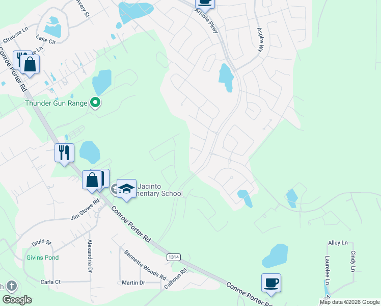 map of restaurants, bars, coffee shops, grocery stores, and more near 17683 Conroe Porter Road in Conroe