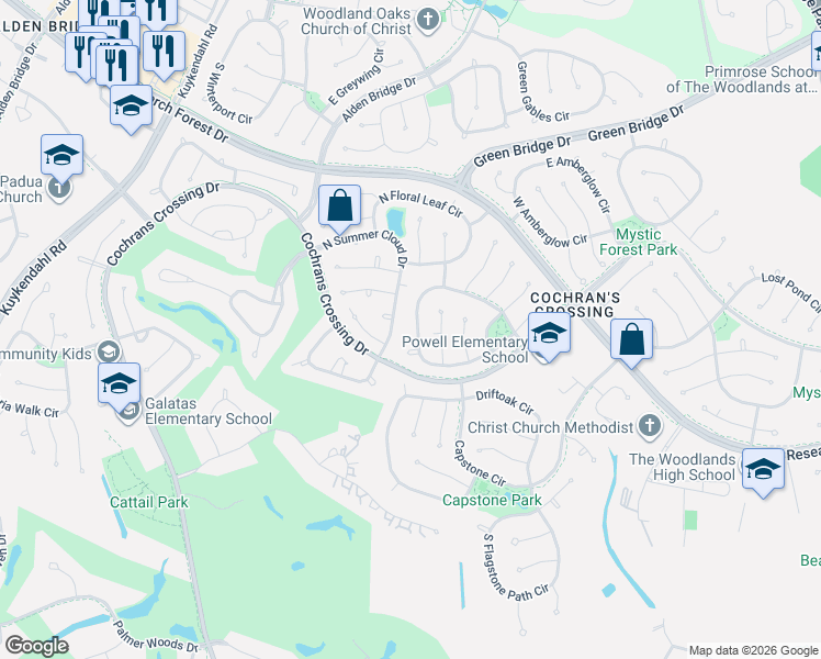 map of restaurants, bars, coffee shops, grocery stores, and more near 110 Windsong Court in Spring