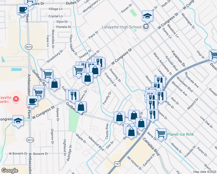 map of restaurants, bars, coffee shops, grocery stores, and more near 106 Coventry Street in Lafayette
