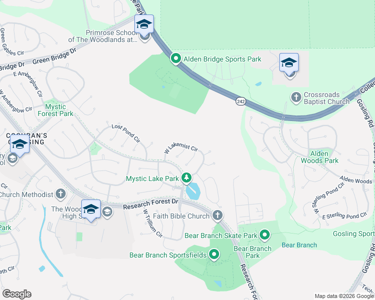 map of restaurants, bars, coffee shops, grocery stores, and more near 6 Gentlewind Place in Spring