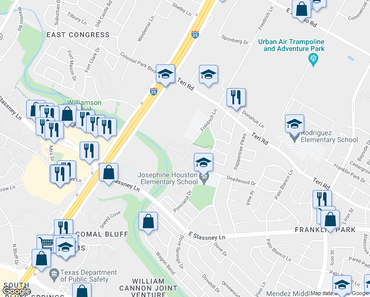 map of restaurants, bars, coffee shops, grocery stores, and more near 5400 Freidrich Lane in Austin