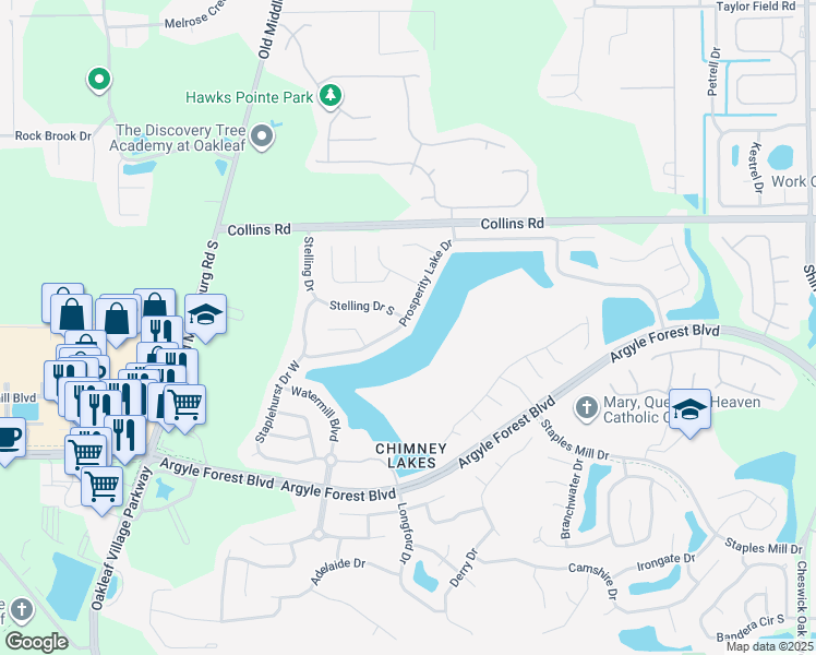 map of restaurants, bars, coffee shops, grocery stores, and more near 9338 Prosperity Lake Drive in Jacksonville