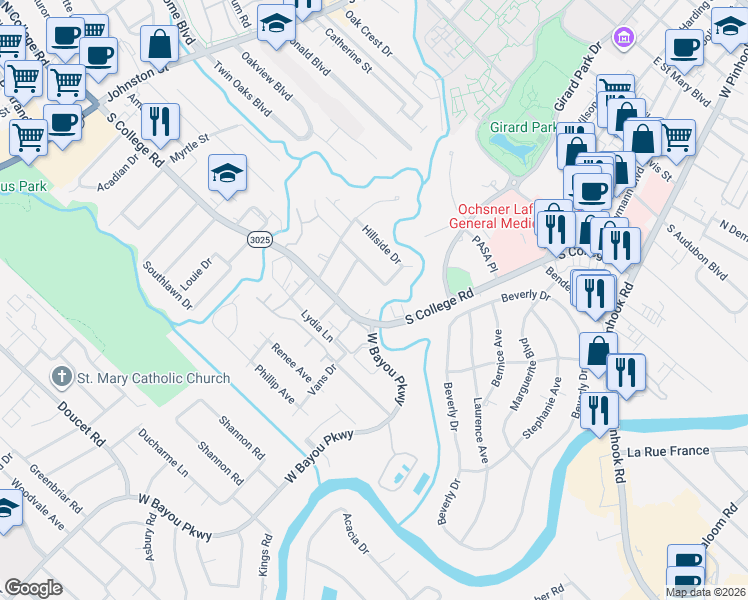 map of restaurants, bars, coffee shops, grocery stores, and more near 1105 South College Road in Lafayette