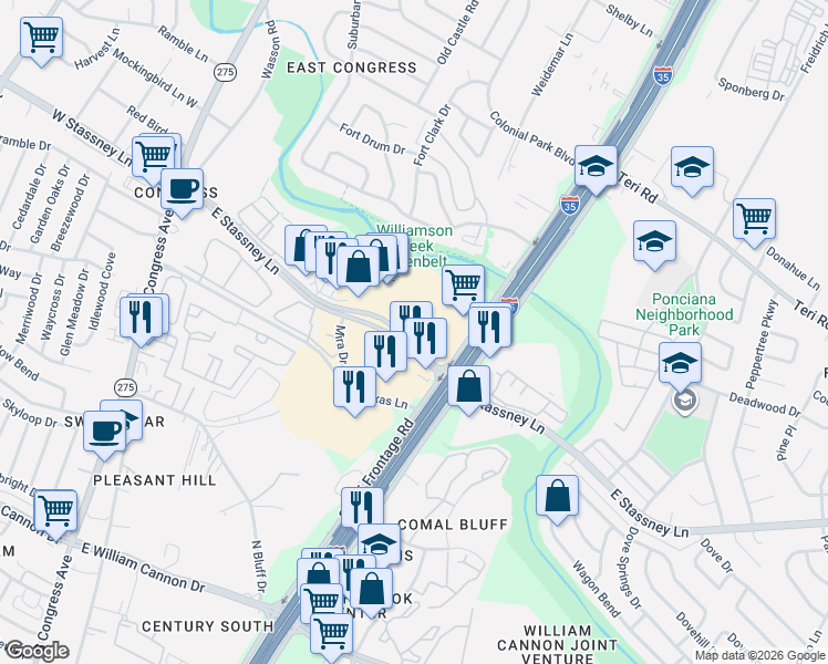 map of restaurants, bars, coffee shops, grocery stores, and more near 904 East Stassney Lane in Austin