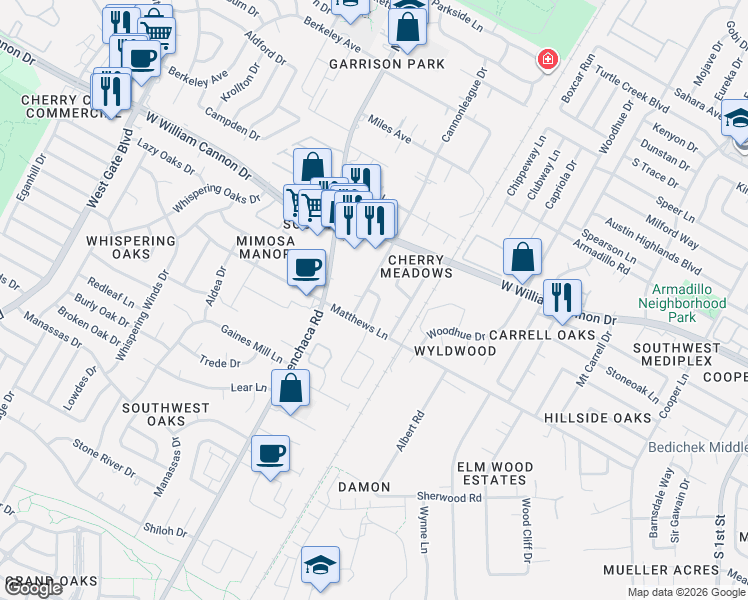 map of restaurants, bars, coffee shops, grocery stores, and more near 1806A Matthews Lane in Austin