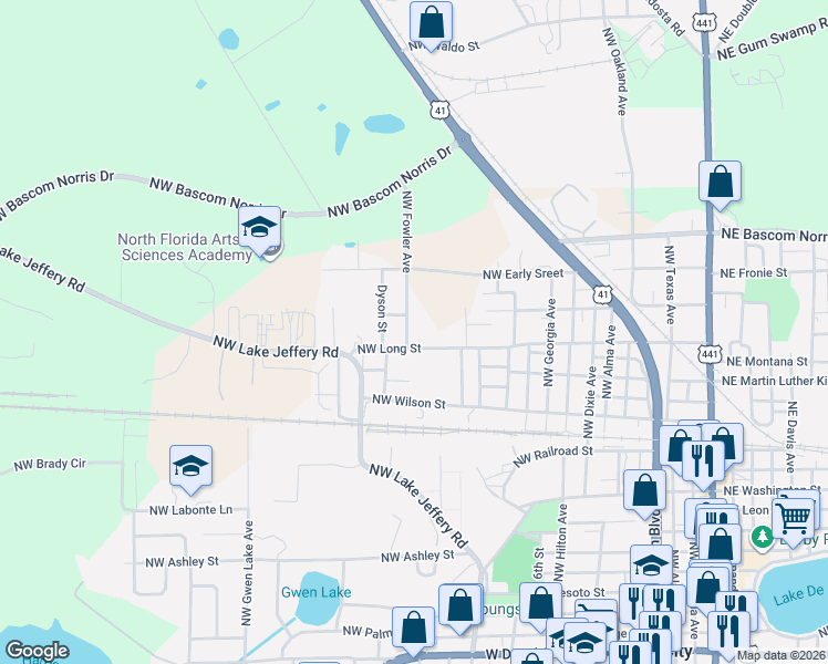 map of restaurants, bars, coffee shops, grocery stores, and more near 1200-1466 Northwest Long Street in Lake City