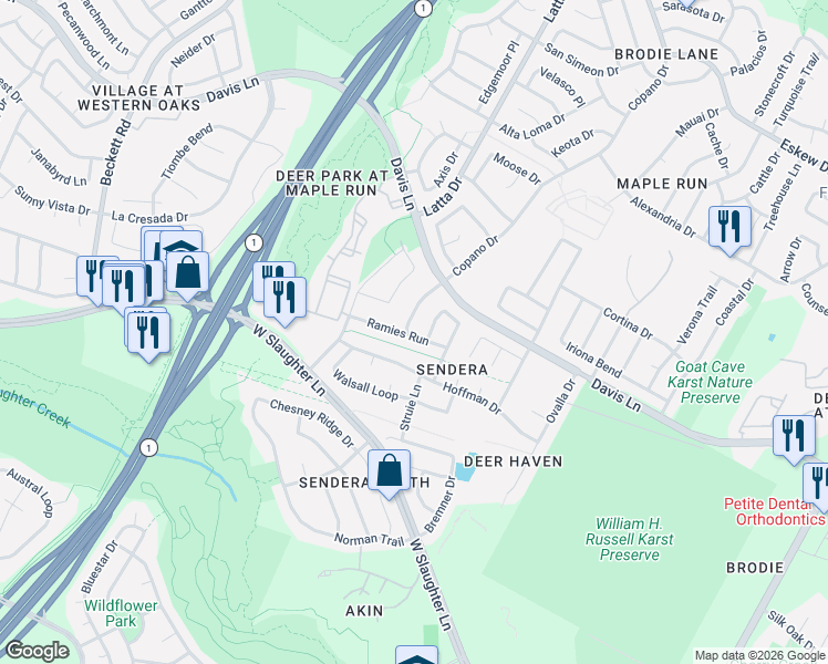 map of restaurants, bars, coffee shops, grocery stores, and more near 4523 Ramies Run in Austin