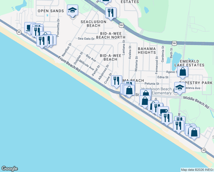 map of restaurants, bars, coffee shops, grocery stores, and more near in Panama City Beach