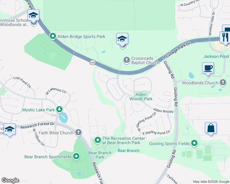 map of restaurants, bars, coffee shops, grocery stores, and more near 38 South Silver Crescent Circle in Spring