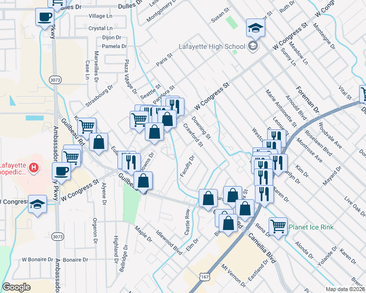 map of restaurants, bars, coffee shops, grocery stores, and more near 106 Coventry Street in Lafayette