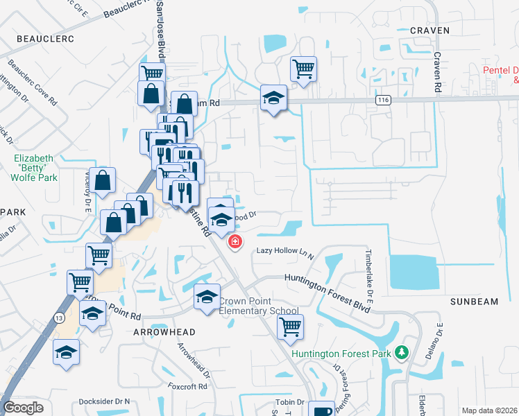 map of restaurants, bars, coffee shops, grocery stores, and more near 4032 Laurelwood Drive in Jacksonville