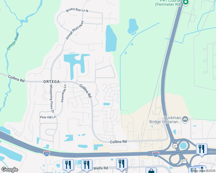 map of restaurants, bars, coffee shops, grocery stores, and more near 5291 Collins Road in Jacksonville
