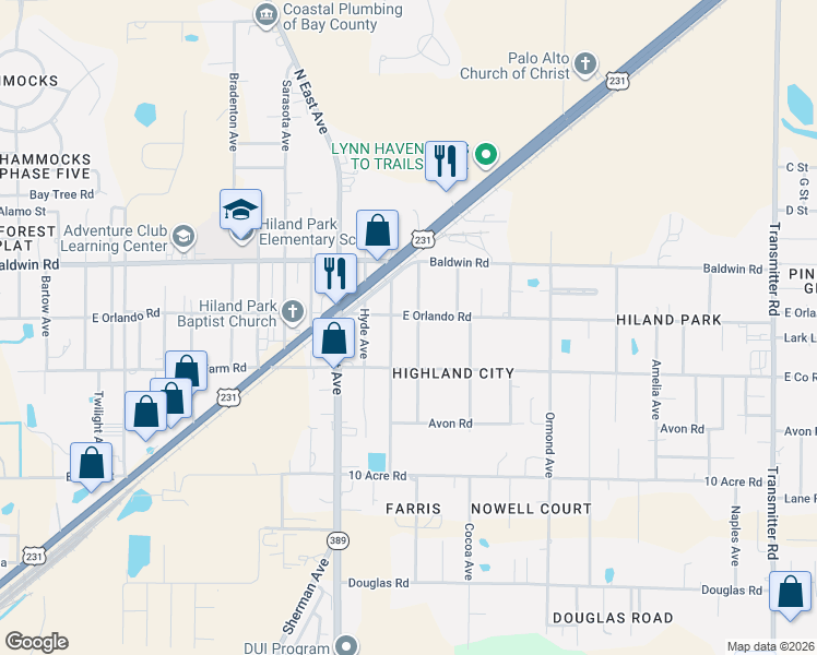 map of restaurants, bars, coffee shops, grocery stores, and more near 2800 Wakulla Avenue in Panama City