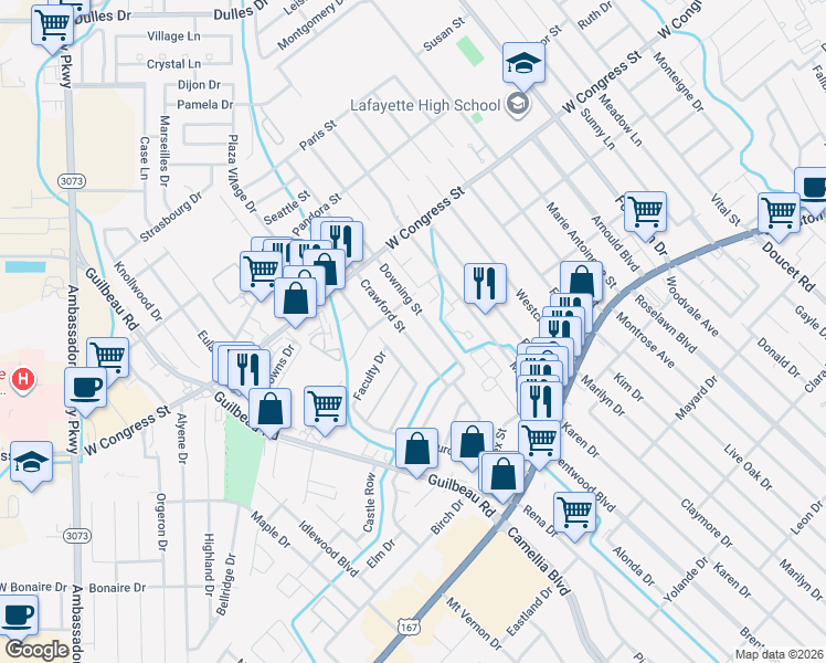 map of restaurants, bars, coffee shops, grocery stores, and more near 116 Collegiate Drive in Lafayette