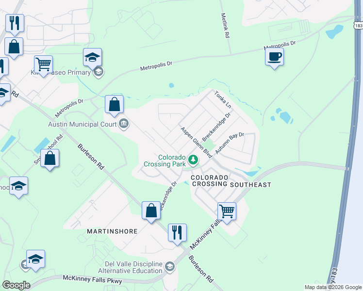 map of restaurants, bars, coffee shops, grocery stores, and more near 7116 Vail Ridge Street in Austin