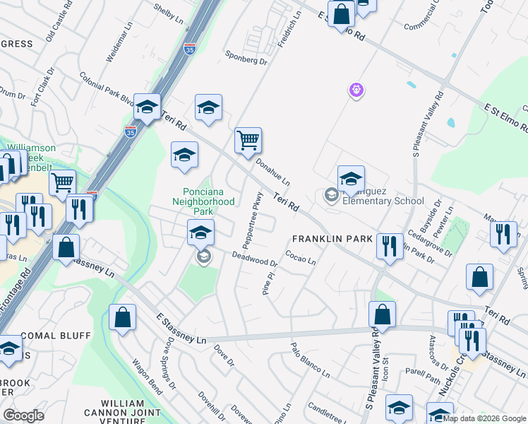 map of restaurants, bars, coffee shops, grocery stores, and more near 2239 Palmera Cove in Austin