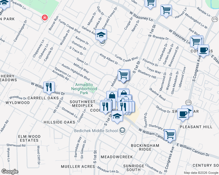 map of restaurants, bars, coffee shops, grocery stores, and more near 6507 Middleham Place in Austin