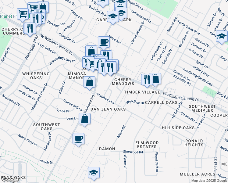 map of restaurants, bars, coffee shops, grocery stores, and more near 1705 Cherry Meadow Circle in Austin