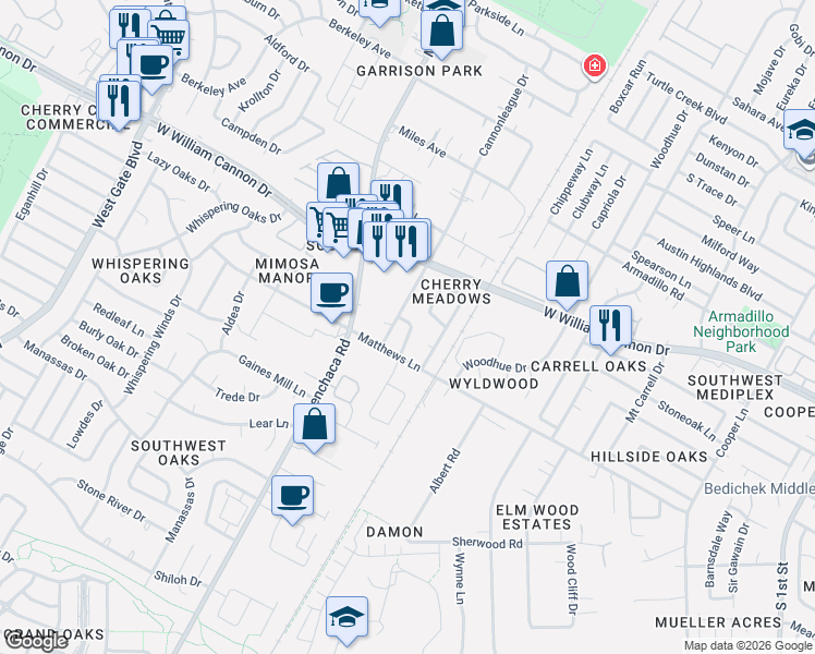 map of restaurants, bars, coffee shops, grocery stores, and more near 1705 Cherry Meadow Circle in Austin