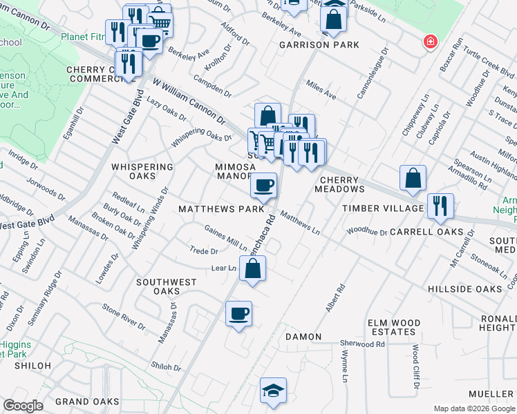 map of restaurants, bars, coffee shops, grocery stores, and more near 7310 Menchaca Road in Austin
