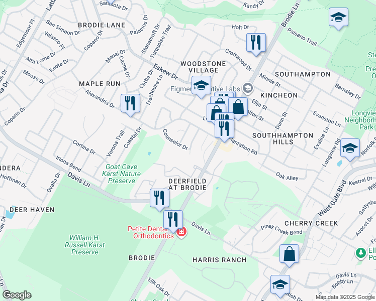 map of restaurants, bars, coffee shops, grocery stores, and more near 8502 Caspian Drive in Austin