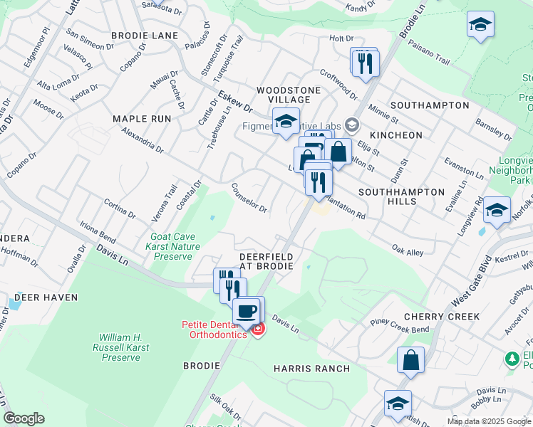 map of restaurants, bars, coffee shops, grocery stores, and more near 8502 Caspian Drive in Austin