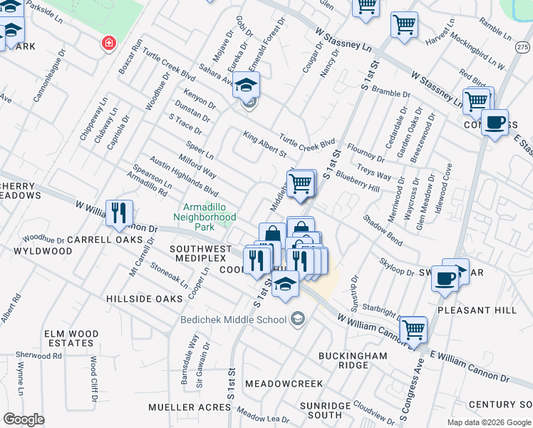 map of restaurants, bars, coffee shops, grocery stores, and more near 6507 Middleham Place in Austin
