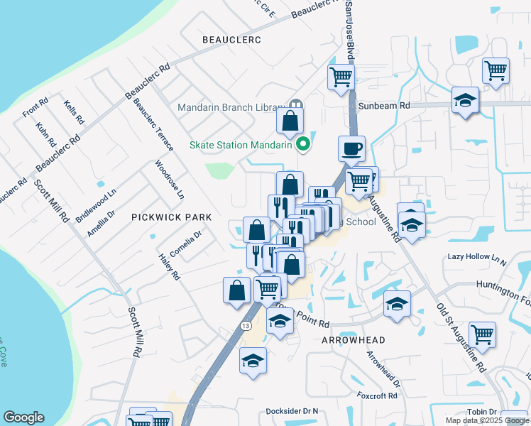map of restaurants, bars, coffee shops, grocery stores, and more near 3580 Pall Mall Drive in Jacksonville