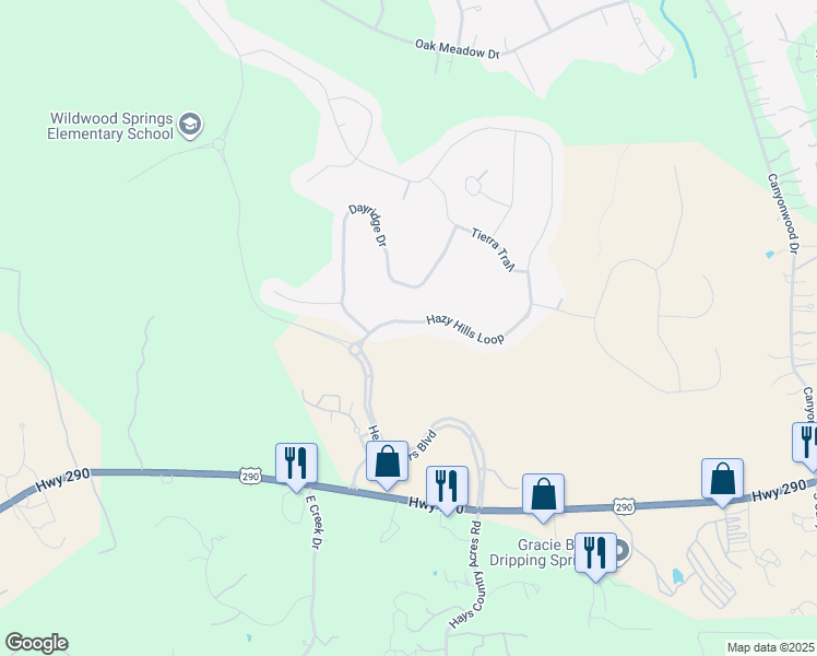 map of restaurants, bars, coffee shops, grocery stores, and more near 248 Hazy Hills Loop in Dripping Springs