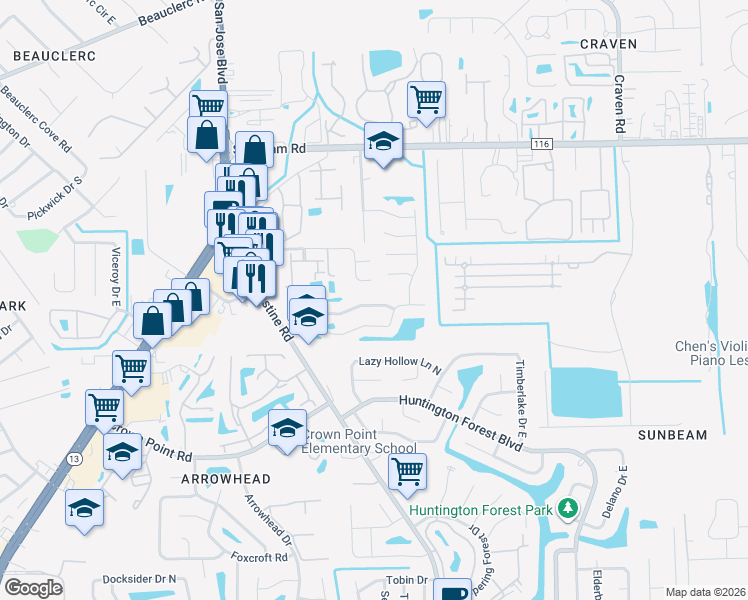 map of restaurants, bars, coffee shops, grocery stores, and more near 4083 Stillwood Drive in Jacksonville