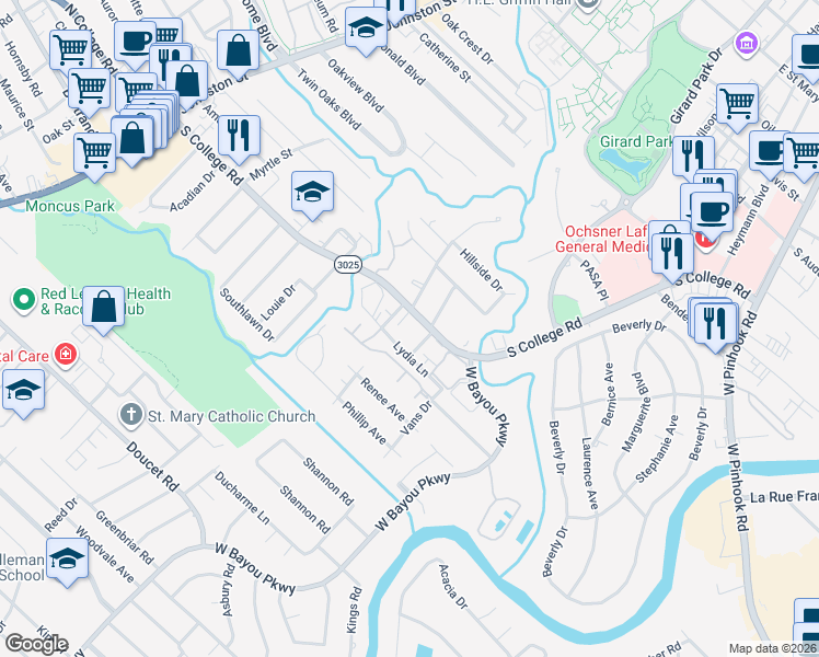 map of restaurants, bars, coffee shops, grocery stores, and more near 1008 South College Road in Lafayette