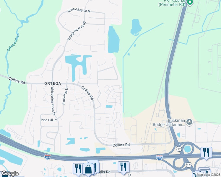map of restaurants, bars, coffee shops, grocery stores, and more near 5291 Collins Road in Jacksonville