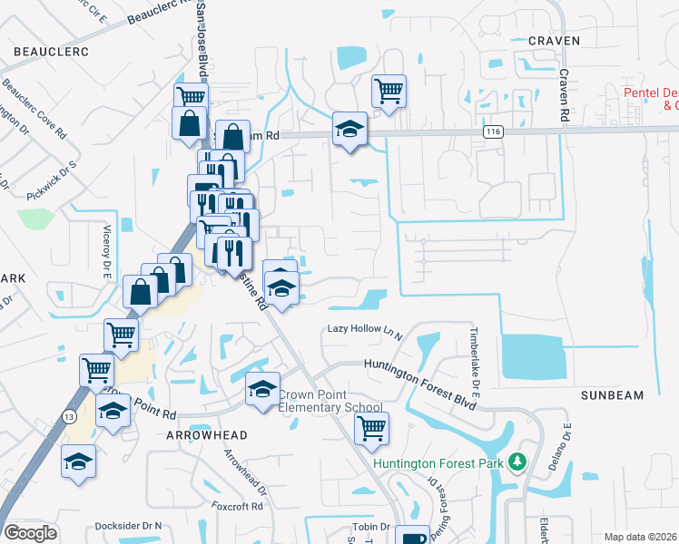 map of restaurants, bars, coffee shops, grocery stores, and more near 4075 Laurelwood Drive in Jacksonville