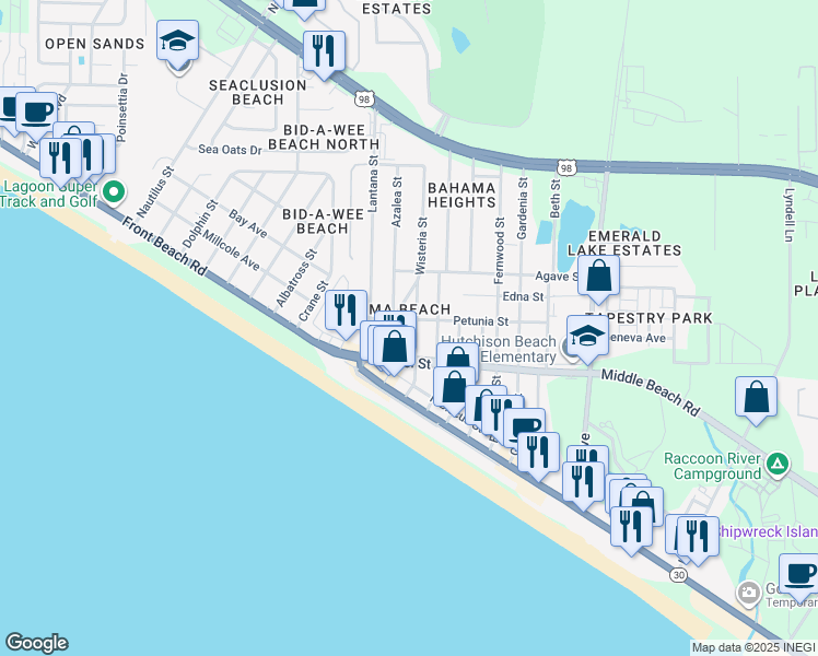 map of restaurants, bars, coffee shops, grocery stores, and more near 604 Wisteria Street in Panama City Beach