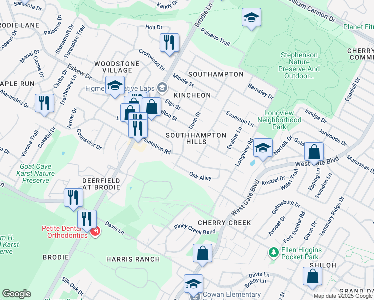 map of restaurants, bars, coffee shops, grocery stores, and more near 8109 Dunn Street in Austin