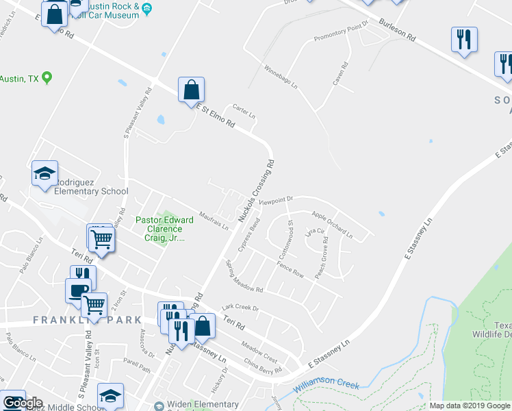 map of restaurants, bars, coffee shops, grocery stores, and more near 5203 Viewpoint Drive in Austin