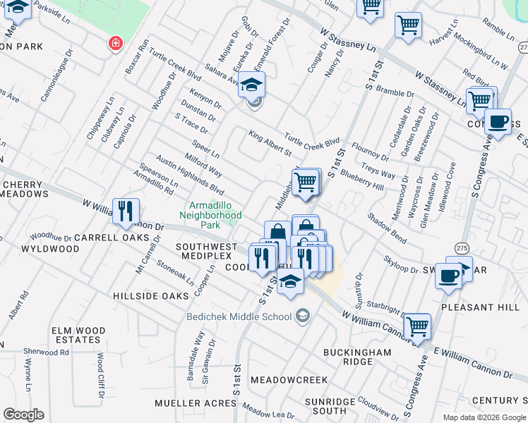 map of restaurants, bars, coffee shops, grocery stores, and more near 6505 King George Drive in Austin