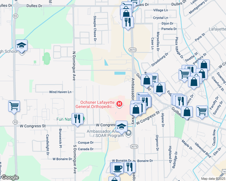 map of restaurants, bars, coffee shops, grocery stores, and more near 2700 Ambassador Caffery Parkway in Lafayette