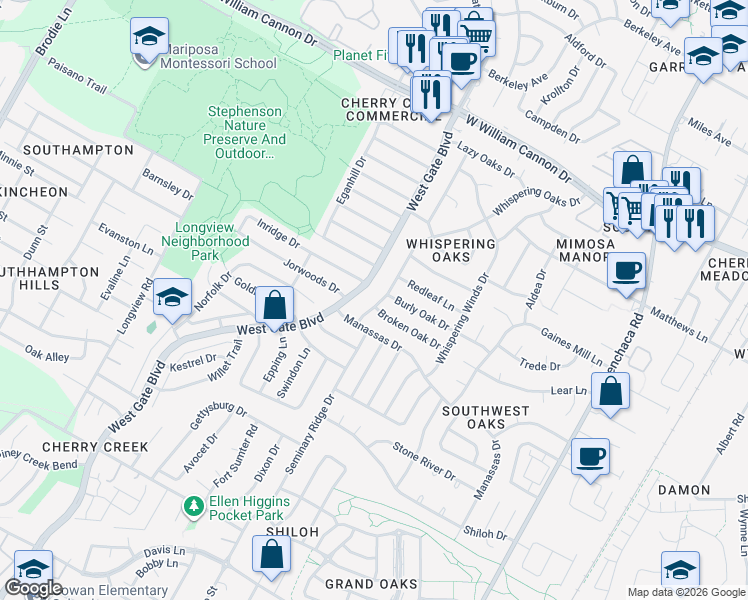 map of restaurants, bars, coffee shops, grocery stores, and more near 7711 Manassas Drive in Austin