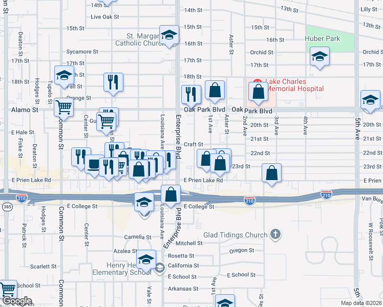 map of restaurants, bars, coffee shops, grocery stores, and more near 3207 Warren Avenue in Lake Charles
