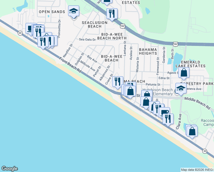 map of restaurants, bars, coffee shops, grocery stores, and more near 13623 Front Beach Rd in Panama City