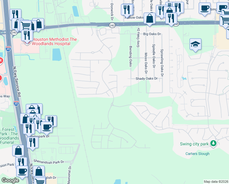 map of restaurants, bars, coffee shops, grocery stores, and more near 17247 Cabbage Palm Court in Conroe