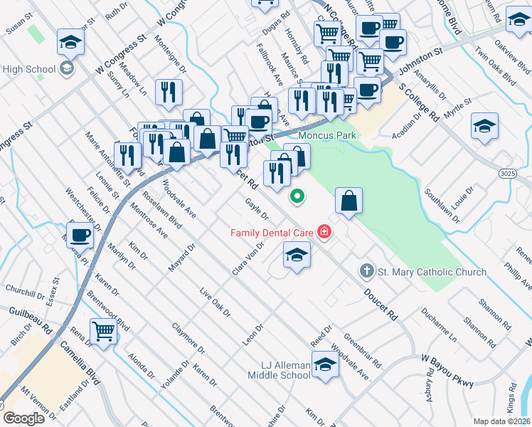 map of restaurants, bars, coffee shops, grocery stores, and more near 220 Doucet Road in Lafayette