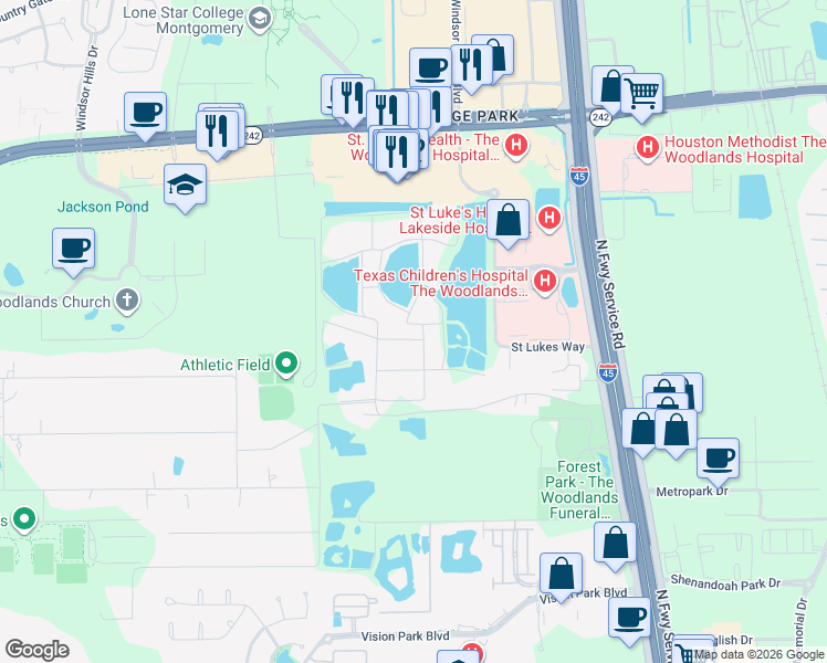map of restaurants, bars, coffee shops, grocery stores, and more near 605 White Bass in Conroe